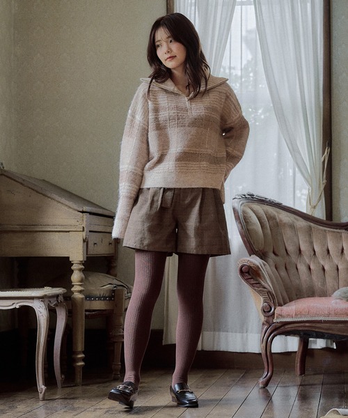 mideal(マイディール)の「half zip check knit / ハーフジップチェックニット(ニット/セーター・レディース・ボルドー/ネイビー/ブルー/ベージュ・FREE)」の19枚目の写真