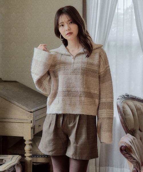 mideal(マイディール)の「half zip check knit / ハーフジップチェックニット(ニット/セーター・レディース・ボルドー/ネイビー/ブルー/ベージュ・FREE)」の11枚目の写真