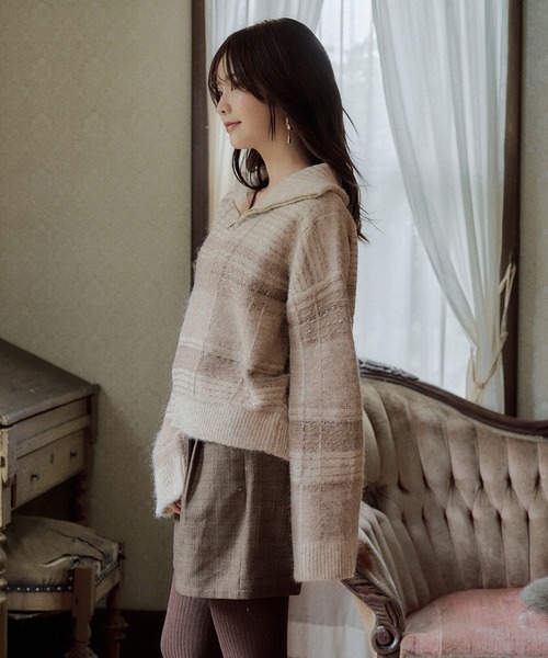 mideal(マイディール)の「half zip check knit / ハーフジップチェックニット(ニット/セーター・レディース・ボルドー/ネイビー/ブルー/ベージュ・FREE)」の12枚目の写真