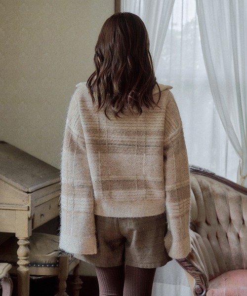 mideal(マイディール)の「half zip check knit / ハーフジップチェックニット(ニット/セーター・レディース・ボルドー/ネイビー/ブルー/ベージュ・FREE)」の13枚目の写真