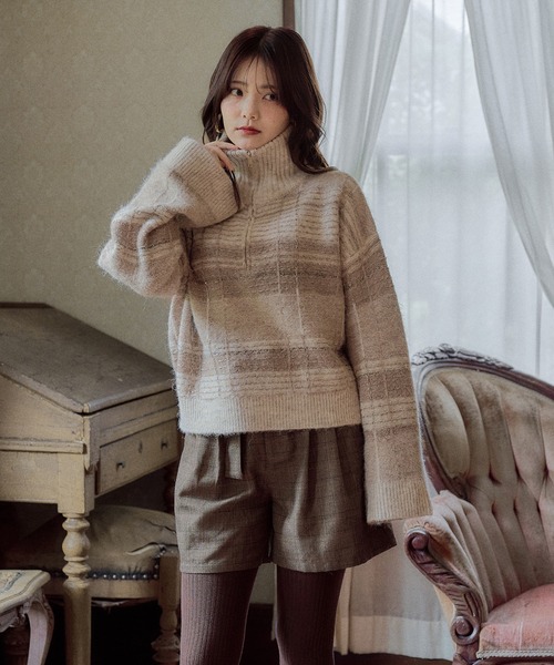 mideal(マイディール)の「half zip check knit / ハーフジップチェックニット(ニット/セーター・レディース・ボルドー/ネイビー/ブルー/ベージュ・FREE)」の20枚目の写真