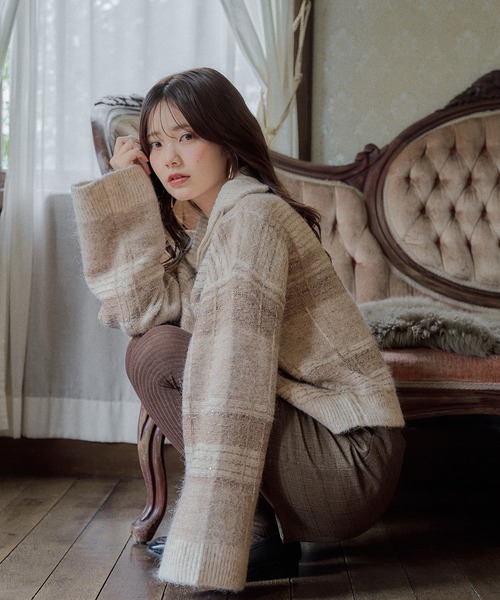 mideal(マイディール)の「half zip check knit / ハーフジップチェックニット(ニット/セーター・レディース・ボルドー/ネイビー/ブルー/ベージュ・FREE)」の15枚目の写真
