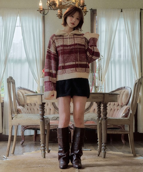 mideal(マイディール)の「half zip check knit / ハーフジップチェックニット(ニット/セーター・レディース・ボルドー/ネイビー/ブルー/ベージュ・FREE)」の8枚目の写真