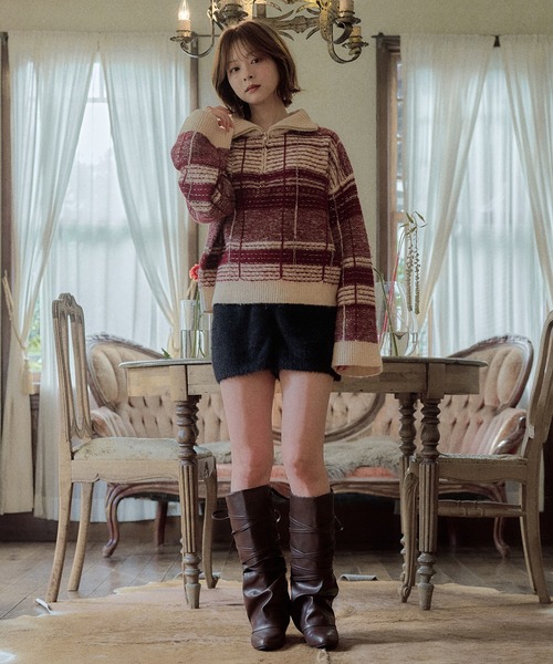 mideal(マイディール)の「half zip check knit / ハーフジップチェックニット(ニット/セーター・レディース・ボルドー/ネイビー/ブルー/ベージュ・FREE)」の7枚目の写真