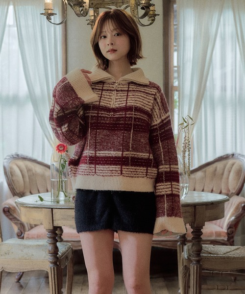 mideal(マイディール)の「half zip check knit / ハーフジップチェックニット(ニット/セーター・レディース・ボルドー/ネイビー/ブルー/ベージュ・FREE)」の5枚目の写真