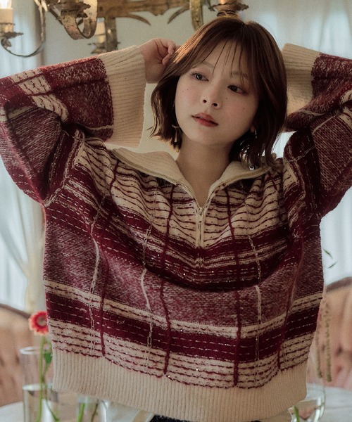 mideal(マイディール)の「half zip check knit / ハーフジップチェックニット(ニット/セーター・レディース・ボルドー/ネイビー/ブルー/ベージュ・FREE)」の6枚目の写真