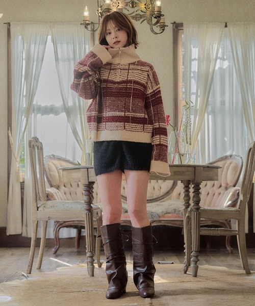 mideal(マイディール)の「half zip check knit / ハーフジップチェックニット(ニット/セーター・レディース・ボルドー/ネイビー/ブルー/ベージュ・FREE)」の10枚目の写真