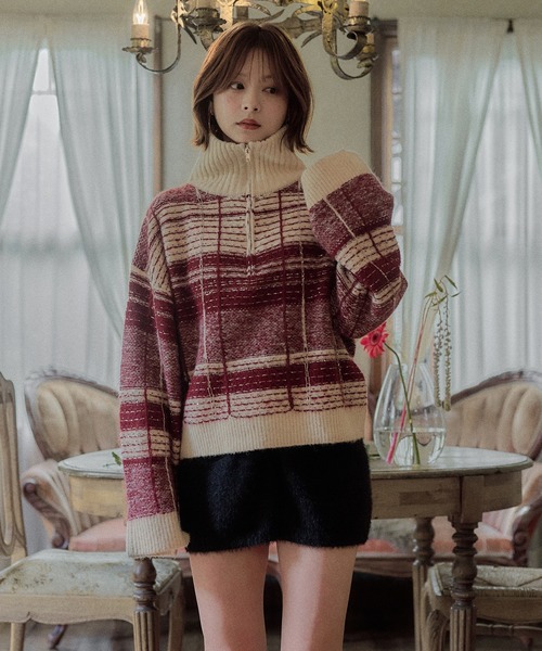 mideal(マイディール)の「half zip check knit / ハーフジップチェックニット(ニット/セーター・レディース・ボルドー/ネイビー/ブルー/ベージュ・FREE)」の9枚目の写真