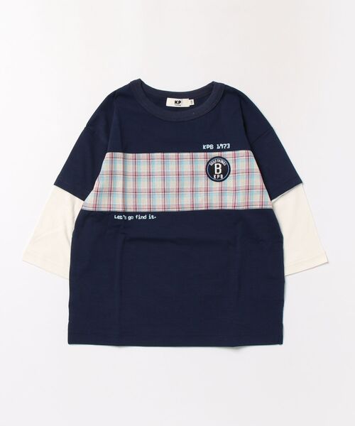 KP BOY(ケーピーボーイ)の「【吸水速乾】先染チェック 重ね着風 7分袖Tシャツ(Tシャツ/カットソー・キッズ・イエロー/ネイビー・110cm/120cm/130cm/140cm)」の1枚目の写真