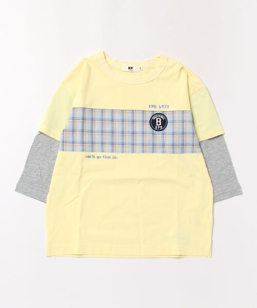 KP BOY(ケーピーボーイ)の「【吸水速乾】先染チェック 重ね着風 7分袖Tシャツ(Tシャツ/カットソー・キッズ・イエロー/ネイビー・110cm/120cm/130cm/140cm)」の2枚目の写真