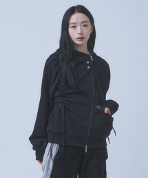 SHIRRING WAFFLE HOOD ZIP-UP [BLACK]