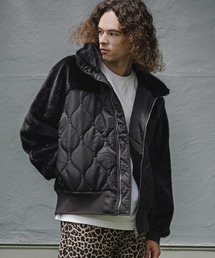 mj11909- Faux Fur Wave Quilt Stand Jacket フェイクファーキルトコンビジャケット(A73926cmb)