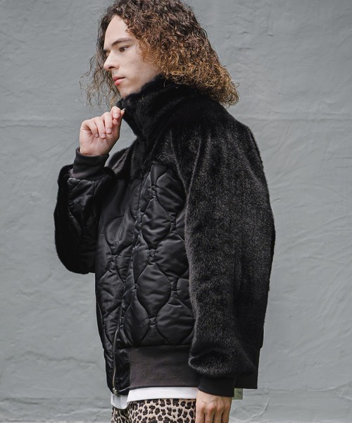 CAMBIO(カンビオ)の「mj11909- Faux Fur Wave Quilt Stand Jacket フェイクファーキルトコンビジャケット(A73926cmb)(その他アウター・メンズ・ブラック・L/M/S)」の2枚目の写真