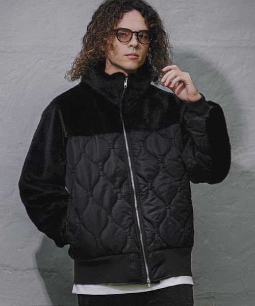 CAMBIO(カンビオ)の「mj11909- Faux Fur Wave Quilt Stand Jacket フェイクファーキルトコンビジャケット(A73926cmb)(その他アウター・メンズ・ブラック・L/M/S)」の3枚目の写真