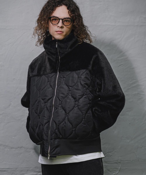 CAMBIO(カンビオ)の「mj11909- Faux Fur Wave Quilt Stand Jacket フェイクファーキルトコンビジャケット(A73926cmb)(その他アウター・メンズ・ブラック・L/M/S)」の5枚目の写真