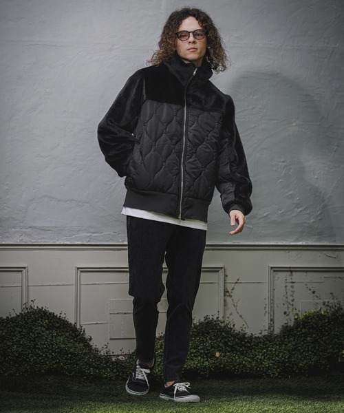 CAMBIO(カンビオ)の「mj11909- Faux Fur Wave Quilt Stand Jacket フェイクファーキルトコンビジャケット(A73926cmb)(その他アウター・メンズ・ブラック・L/M/S)」の8枚目の写真