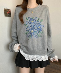フラワー刺繍&レースレイヤード風スウェットシャツ(トレーナー)