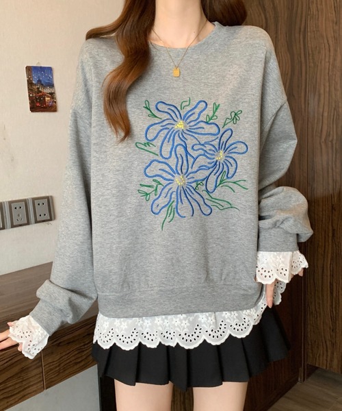 witch(ウイッチ)の「フラワー刺繍&レースレイヤード風スウェットシャツ(トレーナー)(スウェット・レディース・グレー/ブラック・FREE)」の13枚目の写真