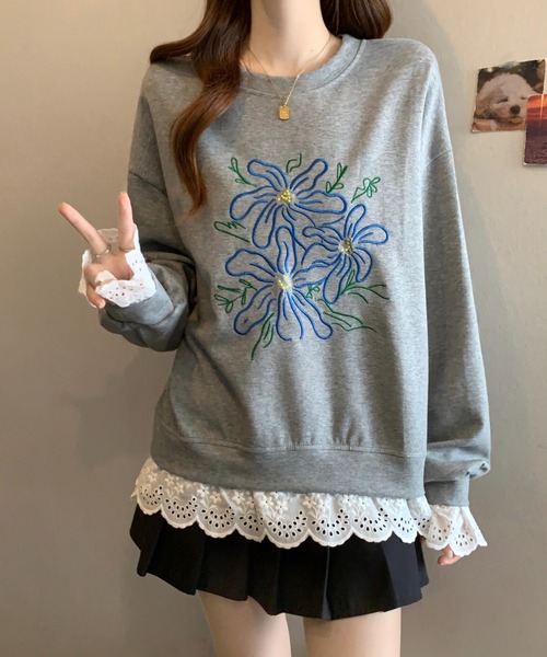 witch(ウイッチ)の「フラワー刺繍&レースレイヤード風スウェットシャツ(トレーナー)(スウェット・レディース・グレー/ブラック・FREE)」の14枚目の写真