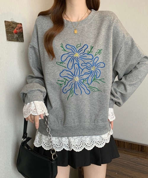 witch(ウイッチ)の「フラワー刺繍&レースレイヤード風スウェットシャツ(トレーナー)(スウェット・レディース・グレー/ブラック・FREE)」の16枚目の写真