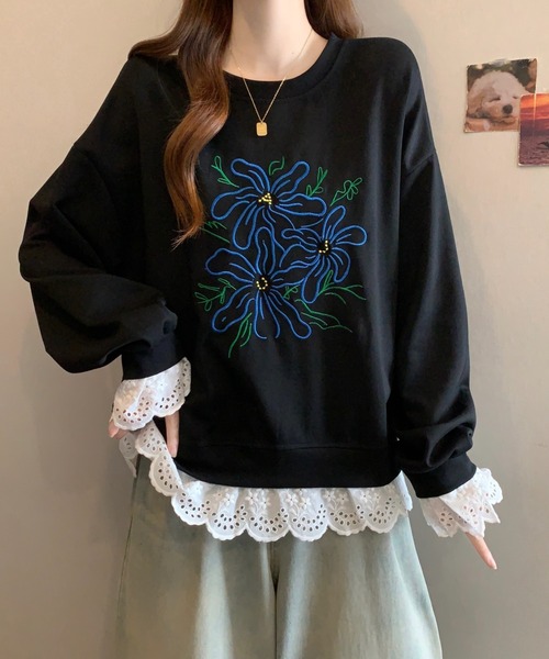 witch(ウイッチ)の「フラワー刺繍&レースレイヤード風スウェットシャツ(トレーナー)(スウェット・レディース・グレー/ブラック・FREE)」の7枚目の写真