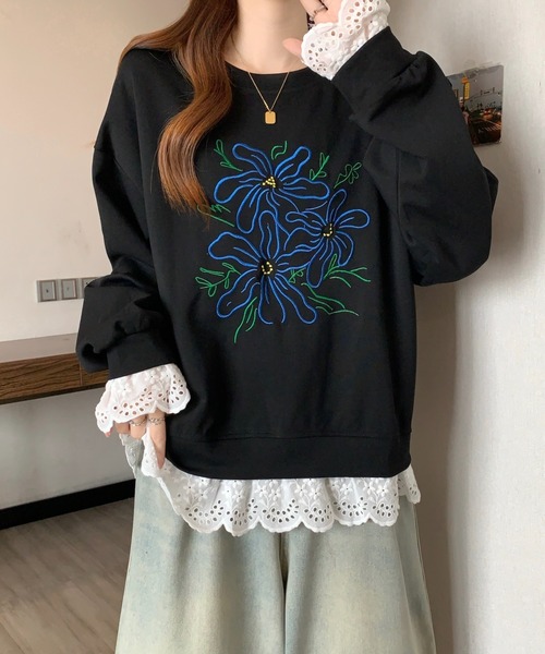 witch(ウイッチ)の「フラワー刺繍&レースレイヤード風スウェットシャツ(トレーナー)(スウェット・レディース・グレー/ブラック・FREE)」の8枚目の写真