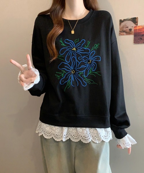 witch(ウイッチ)の「フラワー刺繍&レースレイヤード風スウェットシャツ(トレーナー)(スウェット・レディース・グレー/ブラック・FREE)」の9枚目の写真