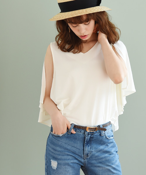 Luz Llena（ラズレナ）の「[接触冷感]ケープ風デザイン・カットソーブラウス（シャツ/ブラウス・レディース・オフホワイト/グレー/イエロー・MEDIUM）」の12枚目の写真