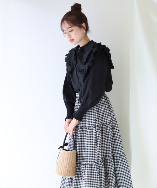 BLUEEAST（ブルーイースト）の「ダブルフリルデザインブラウス（シャツ/ブラウス・レディース・ホワイト/ブラック/サックスブルー/ピンク・MEDIUM）」の8枚目の写真