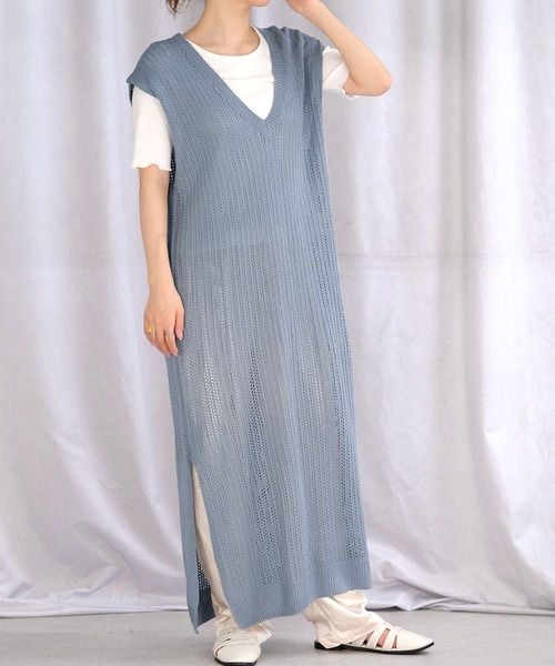 ＡＮＤＪ（アンドジェイ）の「リネンタッチ透かし編みノースリーブニットベストワンピース（ワンピース・レディース・オフホワイト/ライム/ブルー/モカ・M）」の16枚目の写真