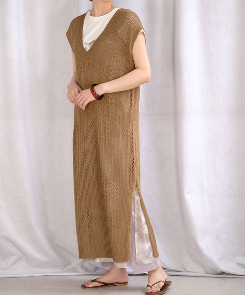 ＡＮＤＪ（アンドジェイ）の「リネンタッチ透かし編みノースリーブニットベストワンピース（ワンピース・レディース・オフホワイト/ライム/ブルー/モカ・M）」の20枚目の写真