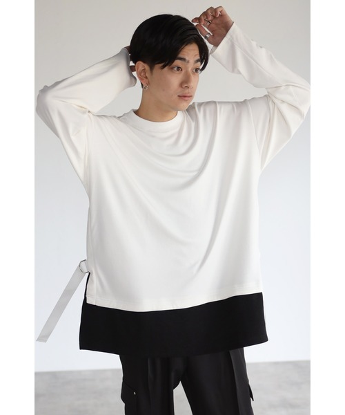 CREARE -LINO-（クレアーレリノ）の「オーバーサイズ サイドベルトレイヤード ロンTシャツ（Tシャツ/カットソー・メンズ・ホワイト/ブラック・M/L）」の3枚目の写真