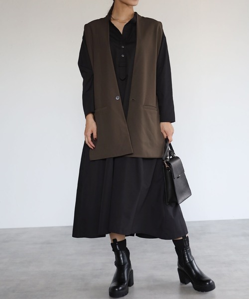 楊柳ストライプカシュクールジレ BL258BK リネンウール・カシュクールジレ／ブラック（MAGALI
