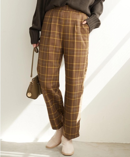 Green Parks(グリーンパークス)の「変形ウィンドペンチェックストレートパンツ*(その他パンツ・レディース・ブラック/ブラウン・FREE)」の1枚目の写真