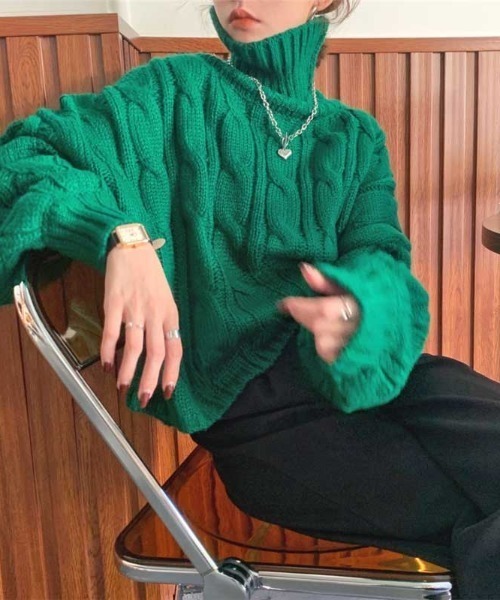 MANGROVE（マングローブ）の「タートルネックケーブルニット（ニット/セーター・レディース・グリーン/アイボリー・FREE）」の10枚目の写真