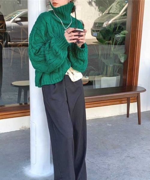 MANGROVE（マングローブ）の「タートルネックケーブルニット（ニット/セーター・レディース・グリーン/アイボリー・FREE）」の6枚目の写真