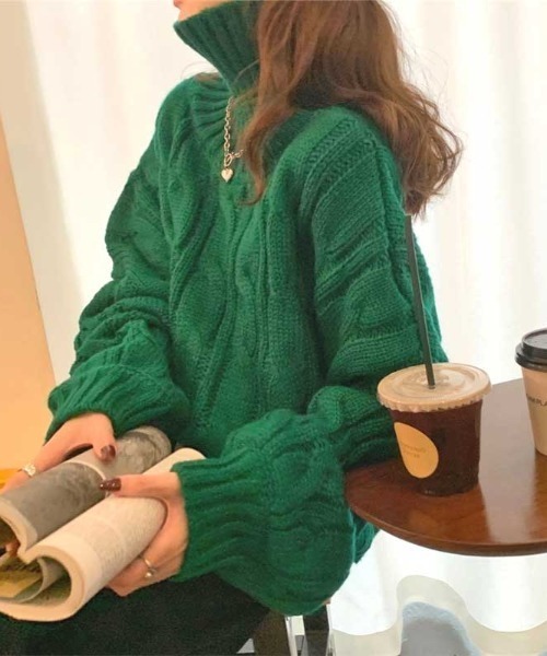 MANGROVE（マングローブ）の「タートルネックケーブルニット（ニット/セーター・レディース・グリーン/アイボリー・FREE）」の13枚目の写真