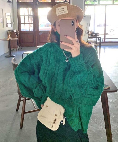 MANGROVE（マングローブ）の「タートルネックケーブルニット（ニット/セーター・レディース・グリーン/アイボリー・FREE）」の12枚目の写真