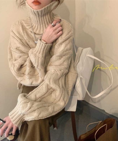 MANGROVE（マングローブ）の「タートルネックケーブルニット（ニット/セーター・レディース・グリーン/アイボリー・FREE）」の7枚目の写真