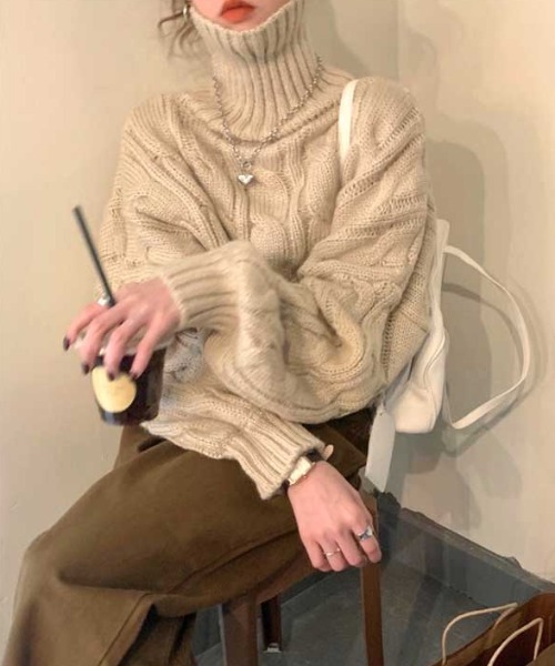 MANGROVE（マングローブ）の「タートルネックケーブルニット（ニット/セーター・レディース・グリーン/アイボリー・FREE）」の14枚目の写真