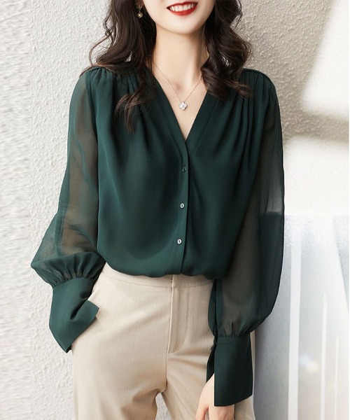 LOPASS（ロパス）の「Vネックルーズシャツブラウス（シャツ/ブラウス・レディース・グリーン/ワイン・LARGE/MEDIUM）」の8枚目の写真