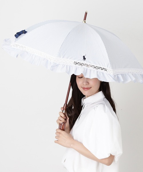 【美品】ラルフローレン 日傘 長傘フリル 白 遮光 晴雨兼用日傘 ”ストライプフリル”（長傘）｜POLO RALPH LAUREN