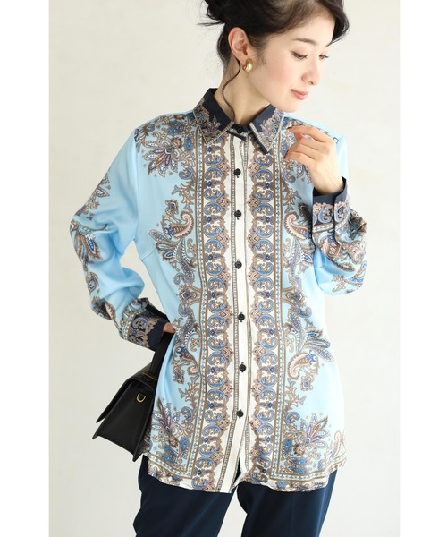 cawaii（カワイイ）の「（リボン付き）ゴージャスなスカーフ柄の艶ブラウストップス（シャツ/ブラウス・レディース・ライトブルー・FREE）」の8枚目の写真