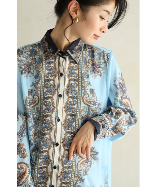 cawaii（カワイイ）の「（リボン付き）ゴージャスなスカーフ柄の艶ブラウストップス（シャツ/ブラウス・レディース・ライトブルー・FREE）」の15枚目の写真