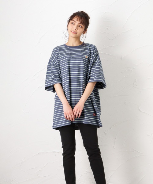 Dickies(ディッキーズ)の「Dickies ディッキーズ ボーダーチュニック半袖Tシャツ(Tシャツ/カットソー・レディース・グリーン/ホワイト/ブルー/ブラック・フリー)」の4枚目の写真