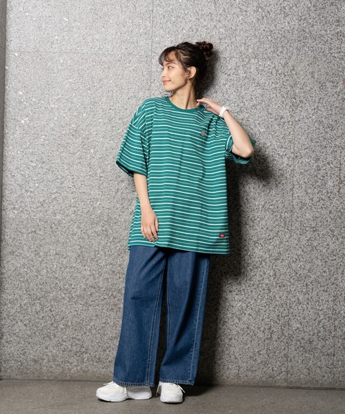 Dickies(ディッキーズ)の「Dickies ディッキーズ ボーダーチュニック半袖Tシャツ(Tシャツ/カットソー・レディース・グリーン/ホワイト/ブルー/ブラック・フリー)」の5枚目の写真