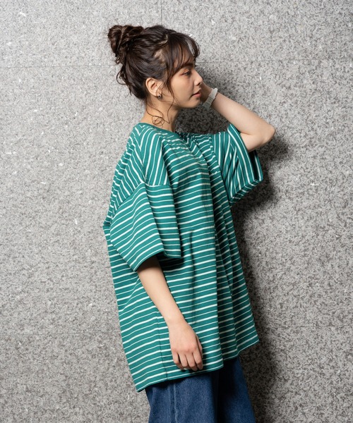 Dickies(ディッキーズ)の「Dickies ディッキーズ ボーダーチュニック半袖Tシャツ(Tシャツ/カットソー・レディース・グリーン/ホワイト/ブルー/ブラック・フリー)」の9枚目の写真