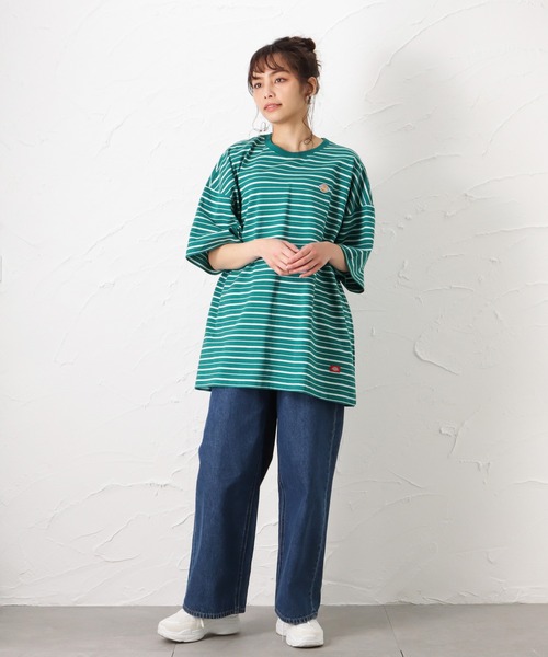 Dickies(ディッキーズ)の「Dickies ディッキーズ ボーダーチュニック半袖Tシャツ(Tシャツ/カットソー・レディース・グリーン/ホワイト/ブルー/ブラック・フリー)」の16枚目の写真