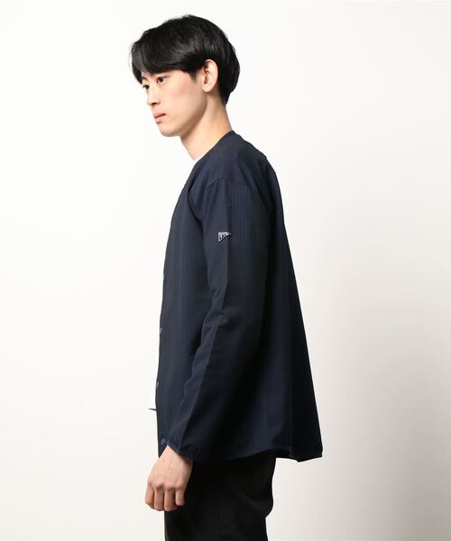 Grand PARK（グランドパーク）の「ギンガムサッカーノーカラーブルゾン（ノーカラージャケット・メンズ・ベージュ/ネイビー・MEDIUM/LARGE）」の3枚目の写真