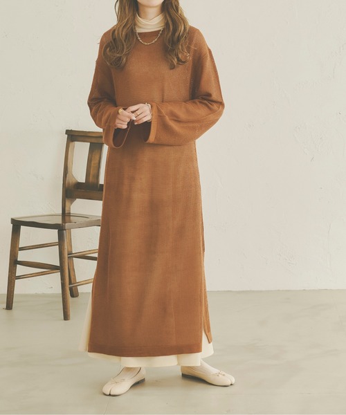 Ambre Neige(アンブルネージュ)の「メッシュニットロングワンピース/【WEB/EC限定商品】(ワンピース・レディース・ベージュ/アイボリー/キャメル・FREE)」の7枚目の写真